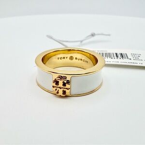 Tory Burch Miller T Gold and White Ring - Size 6.5
